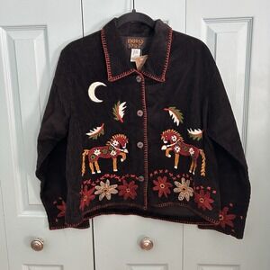 Kindred Spirit Womens Black Embroidered Corduroy Jacket Medium Art To Wear Artsy
